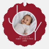 Custom Baby Boy's First Christmas Photo Red オーナメントカード (裏面)