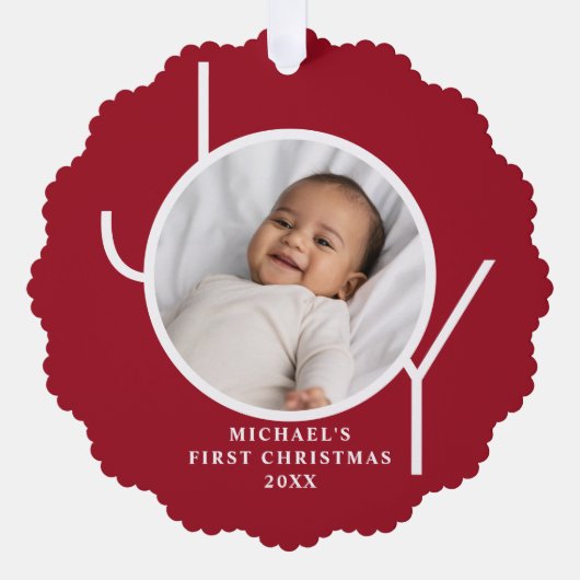 Custom Baby Boy's First Christmas Photo Red オーナメントカード (正面)