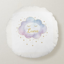 Custom Baby Name Lavender Watercolor Cloud Gold Ey ラウンドクッション