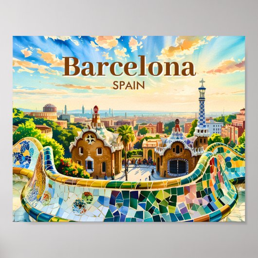 Custom Barcelona Spain Watercolor Park Guell Retro ポスター (正面)
