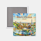 Custom Barcelona Spain Watercolor Park Guell Retro マグネット (正面/裏面)