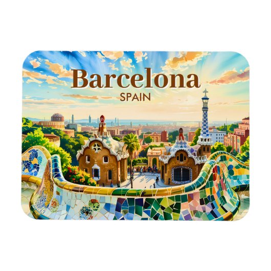Custom Barcelona Spain Watercolor Park Guell Retro マグネット (横)