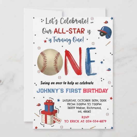 Custom Baseball Birthday Party Invitation 招待状 (正面)