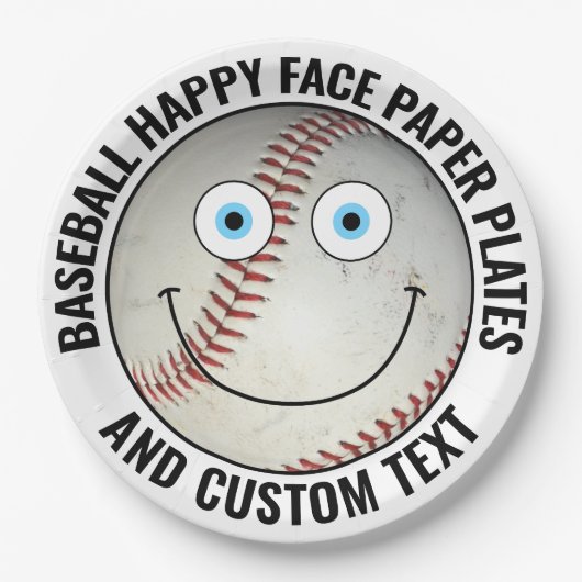 Custom Baseball Party BLUE EYES Happy Face ペーパープレート (正面)