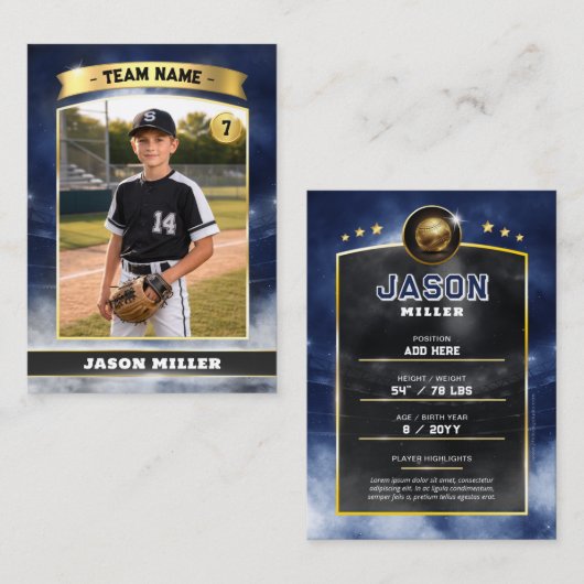 Custom Baseball Trading Card, Blue Gold Stadium コーリングカード (正面/裏面)