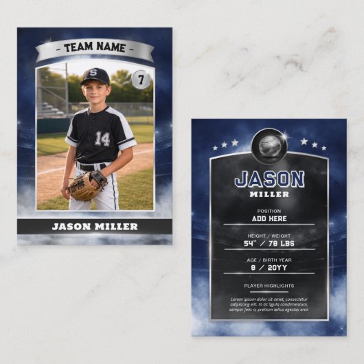 Custom Baseball Trading Card, Blue Silver Stadium コーリングカード (正面/裏面)