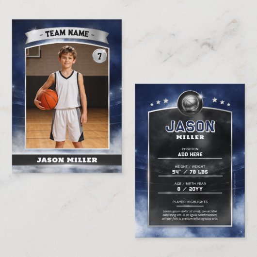 Custom Basketball Trading Card Blue Silver Stadium コーリングカード (正面/裏面)