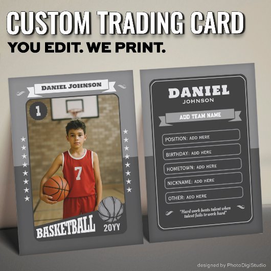 Custom Basketball Trading Card, Gray Retro Player コーリングカード