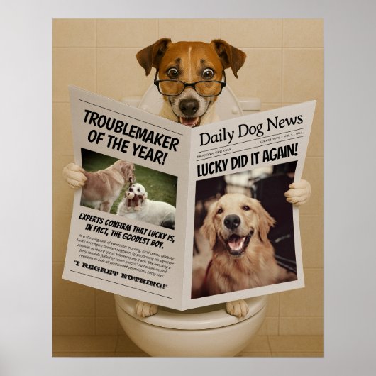 Custom Bathroom Decor, Editable Dog with Newspaper ポスター (正面)