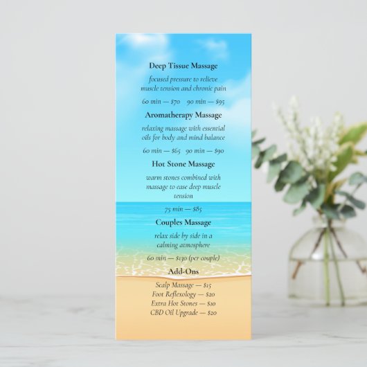 Custom Beach Spa Massage Services Menu Flyer メニュー (スタンド正面)