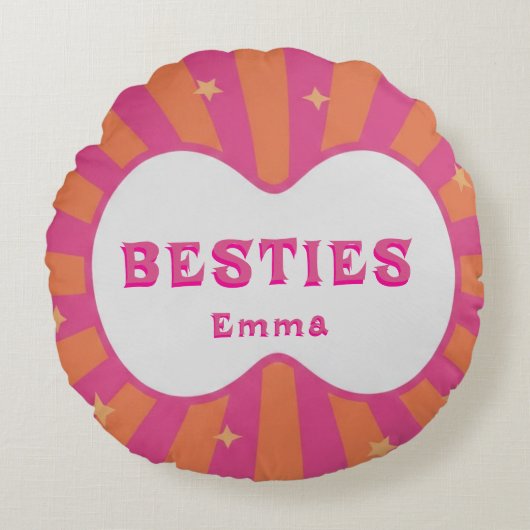 Custom "Besties" Sunburst Personalized Pillow – Em ラウンドクッション (正面)