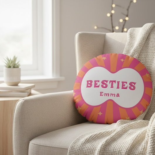 Custom "Besties" Sunburst Personalized Pillow – Em ラウンドクッション