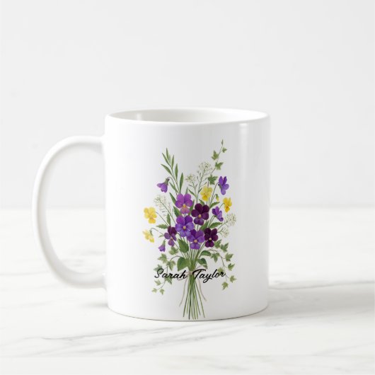 Custom Birth Flower Violet Personalized Mug コーヒーマグカップ (左)