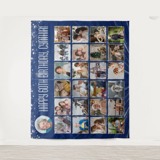 Custom Birthday Banner Multi Photo Blue Silver タペストリー (正面)