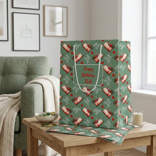 Custom Birthday Cake & Hearts Green Personalized  ミディアムペーパーバッグ