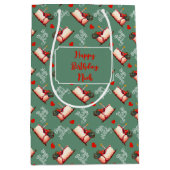 Custom Birthday Cake & Hearts Green Personalized  ミディアムペーパーバッグ (正面)