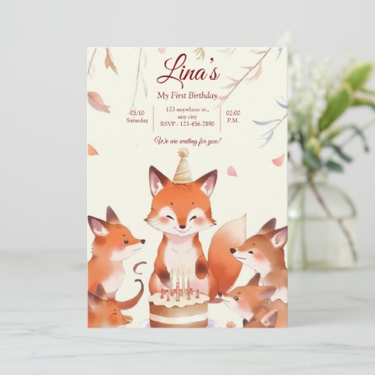 Custom Birthday Invitation with Cute Foxes 招待状 (スタンド正面)