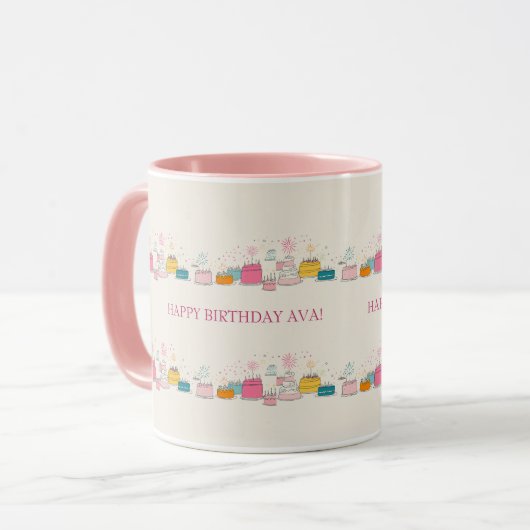 Custom Birthday Mug – Cream Confetti & Cake Doodle マグカップ (正面左)