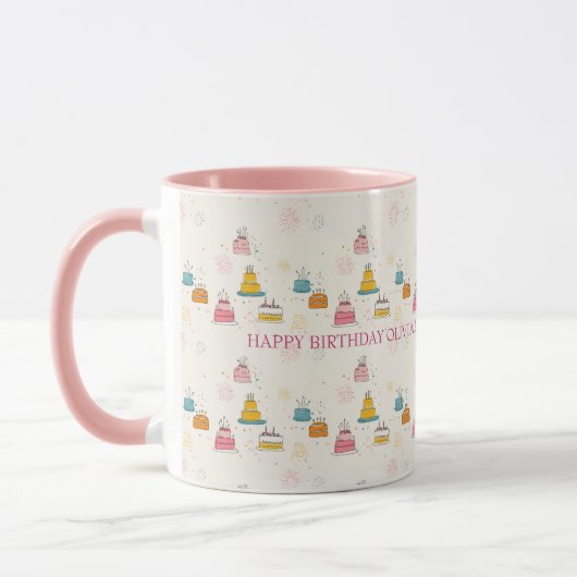 Custom Birthday Mug – Floating Cakes & Confetti マグカップ (左)