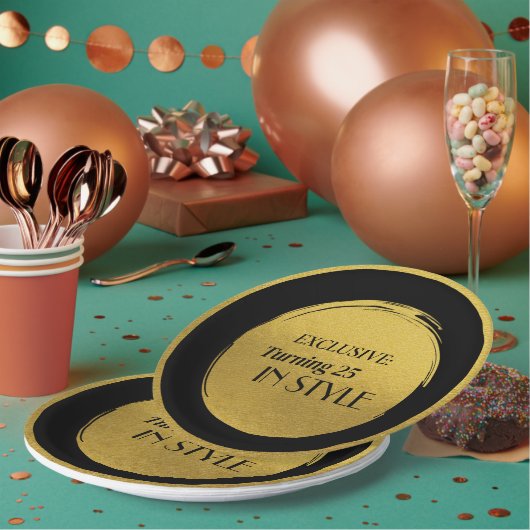 Custom Birthday Party Plates, Modern Black Gold ペーパープレート (複数)