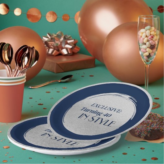 Custom Birthday Party Plates, Modern Blue Silver ペーパープレート (複数)