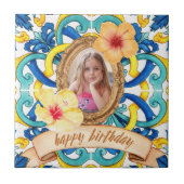 Custom Birthday Photo Blue Mediterranean Tile Cera タイル (正面)