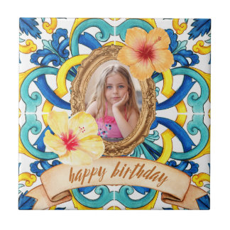 Custom Birthday Photo Blue Mediterranean Tile Cera タイル