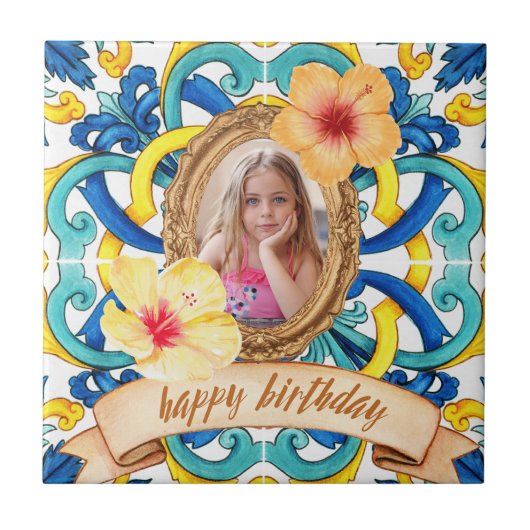 Custom Birthday Photo Blue Mediterranean Tile Cera タイル (正面)