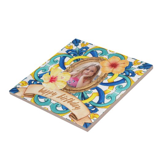 Custom Birthday Photo Blue Mediterranean Tile Cera タイル (側面)