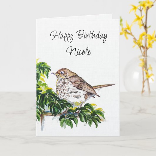 Custom Birthday Watercolor Swainson's Thrush Bird カード (黄色い花)