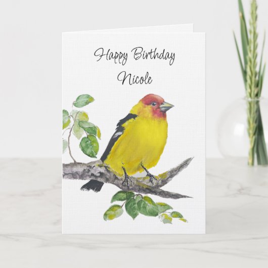 Custom Birthday Watercolor Western Tanager Bird カード (正面)