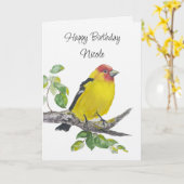 Custom Birthday Watercolor Western Tanager Bird カード (黄色い花)