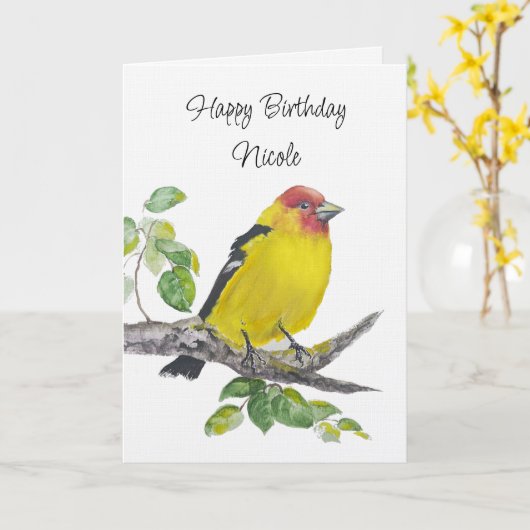 Custom  Birthday Watercolor Western Tanager Bird カード (黄色い花)