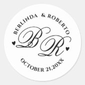Custom black and white Monogram Wedding  love ラウンドシール (正面)