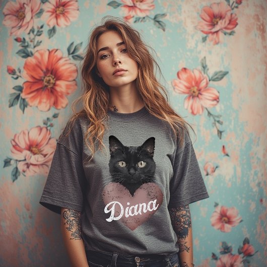 Custom Black Cat Heart T-Shirt – Personalized Name Tシャツ