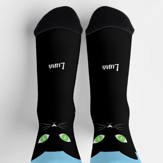Custom Black Cat Photo Socks with Name - Cat Lover ソックス (上部)