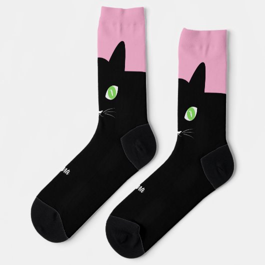 Custom Black Cat Photo Socks with Name - Cat Lover ソックス (左)