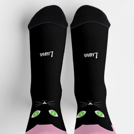 Custom Black Cat Photo Socks with Name - Cat Lover ソックス (上部)