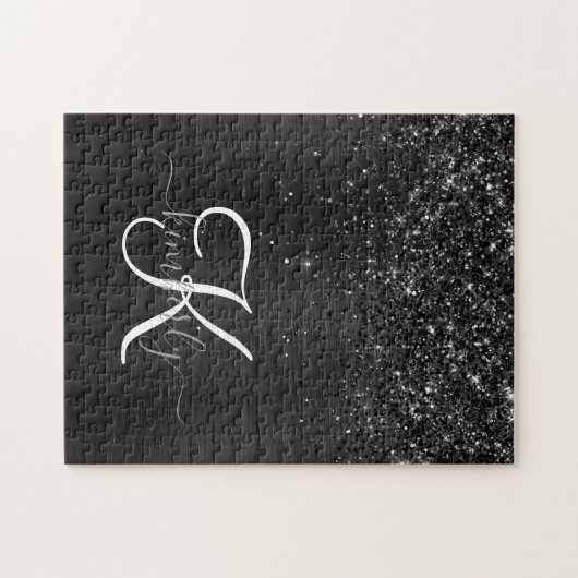 Custom Black Glitter Sparkle Monogram ジグソーパズル (横)