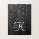 Custom Black Glitter Sparkle Monogram ジグソーパズル<br><div class="desc">Easily personalize this trendy elegant jigsaw puzzle design featuring pretty black sparkling glitter on a black brushed metallic background.</div>