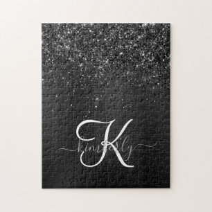 Custom Black Glitter Sparkle Monogram ジグソーパズル