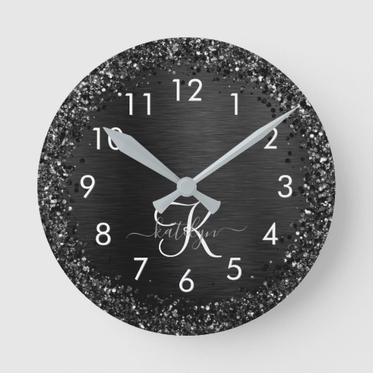 Custom Black Glitter Sparkle Monogram ラウンド壁時計 (正面)