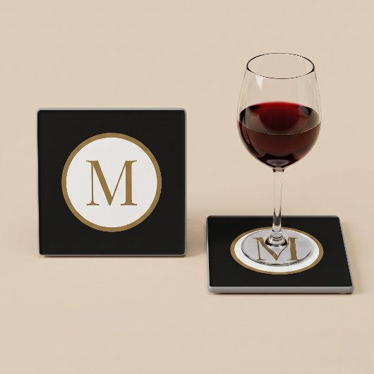 Custom Black & Gold Center Seal Monogram ガラスコースター