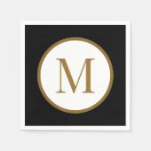 Custom Black & Gold Center Seal Monogram スタンダードカクテルナプキン (正面)