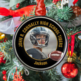 Custom Black Gold Football Player Photo Christmas メタルオーナメント