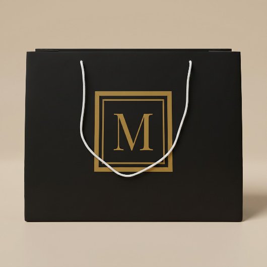 Custom Black & Gold Framed Monogram ラージペーパーバッグ