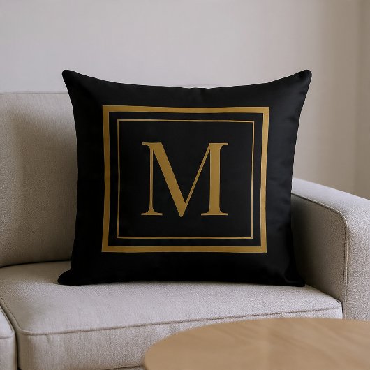 Custom Black & Gold Framed Monogram Throw Pillow クッション