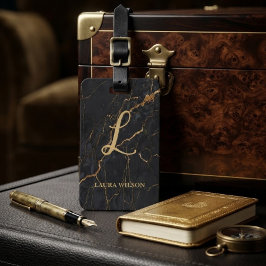 Custom Black & Gold Marble Monogram ラゲッジタグ