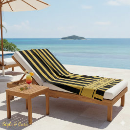 Custom Black M Gold Striped Beach Towel with Name ビーチタオル