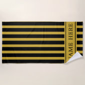 Custom Black M Gold Striped Beach Towel with Name ビーチタオル (正面)
